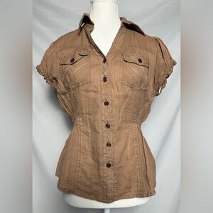 NWD Y2K 100% Cotton Cinched Boho Western Collared Short Sleeve Blouse‎ Size S